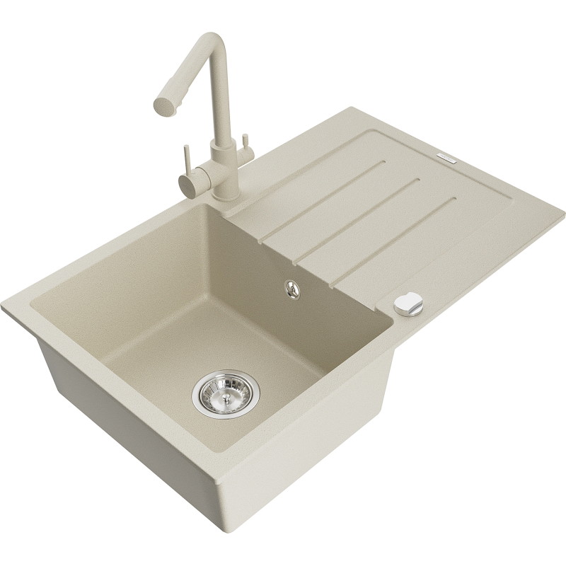 Mexen Bruno granitische gootsteen met 1 bak, afdruiprek en keukenkraan Duero, beige - 6513-69-671600-69