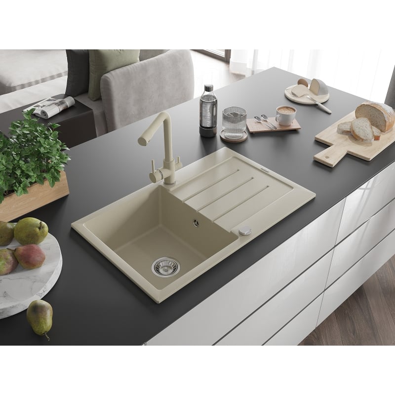 Mexen Bruno Lavello in granito a 1 vasca con scolapiatti e rubinetto da cucina Duero, beige - 6513-69-671600-69