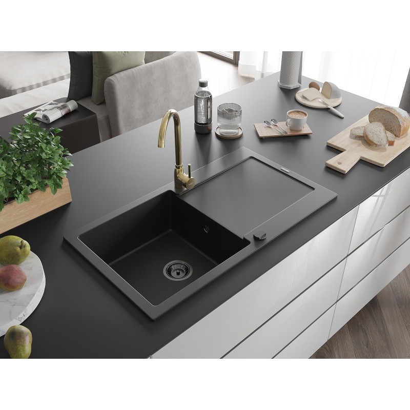 Mexen Leo granite kitchen sink single bowl with drainer and kitchen faucet Telma, black - 6501-77-670200-50
