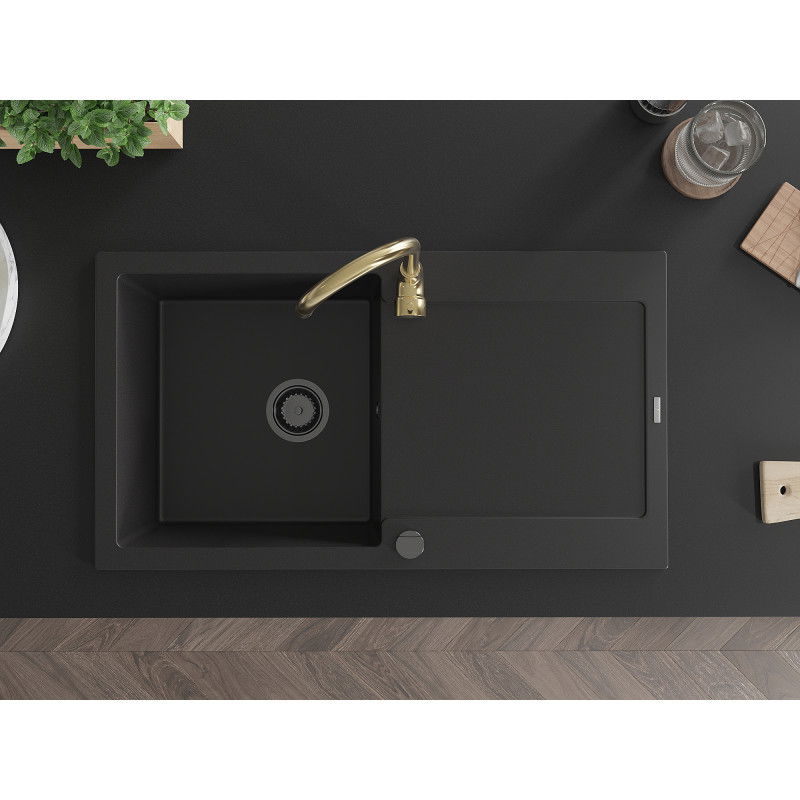 Mexen Leo 1-bowl granite sink with drainer and Telma kitchen tap, black - 6501-77-670200-50