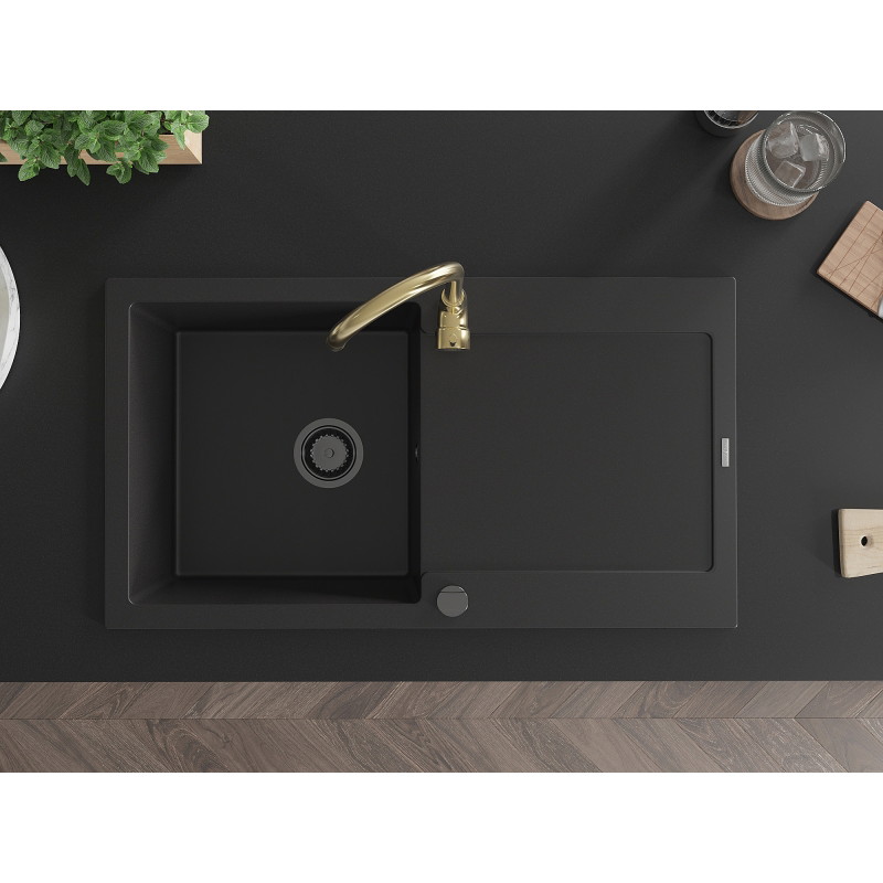 Mexen Leo granite kitchen sink single bowl with drainer and kitchen faucet Telma, black - 6501-77-670200-50