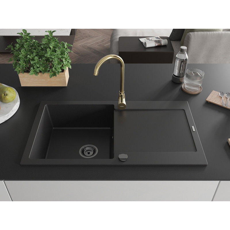 Mexen Leo granite kitchen sink single bowl with drainer and kitchen faucet Telma, black - 6501-77-670200-50