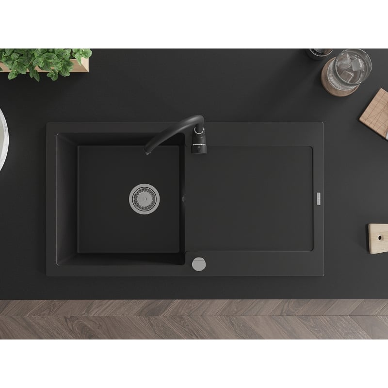 Mexen Leo granite kitchen sink 1-bowl with drainer and kitchen faucet Telma, black - 6501-77-670200-70