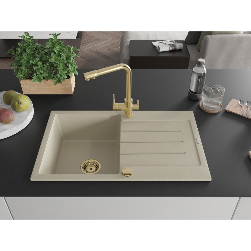 Mexen Bruno fregadero de granito de 1 seno con escurridor y grifo de cocina Duero, beige - 6513-69-671600-50