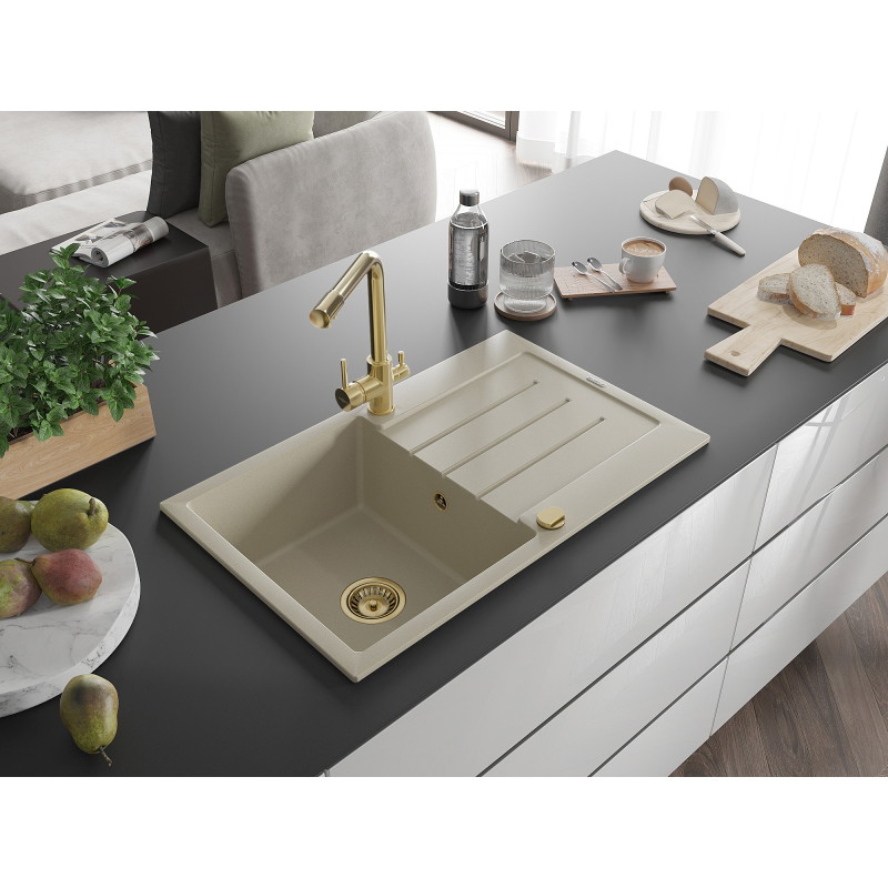 Mexen Bruno granit gootsteen met 1 bak, afdruiprek en keukenmengkraan Duero, beige - 6513-69-671600-50