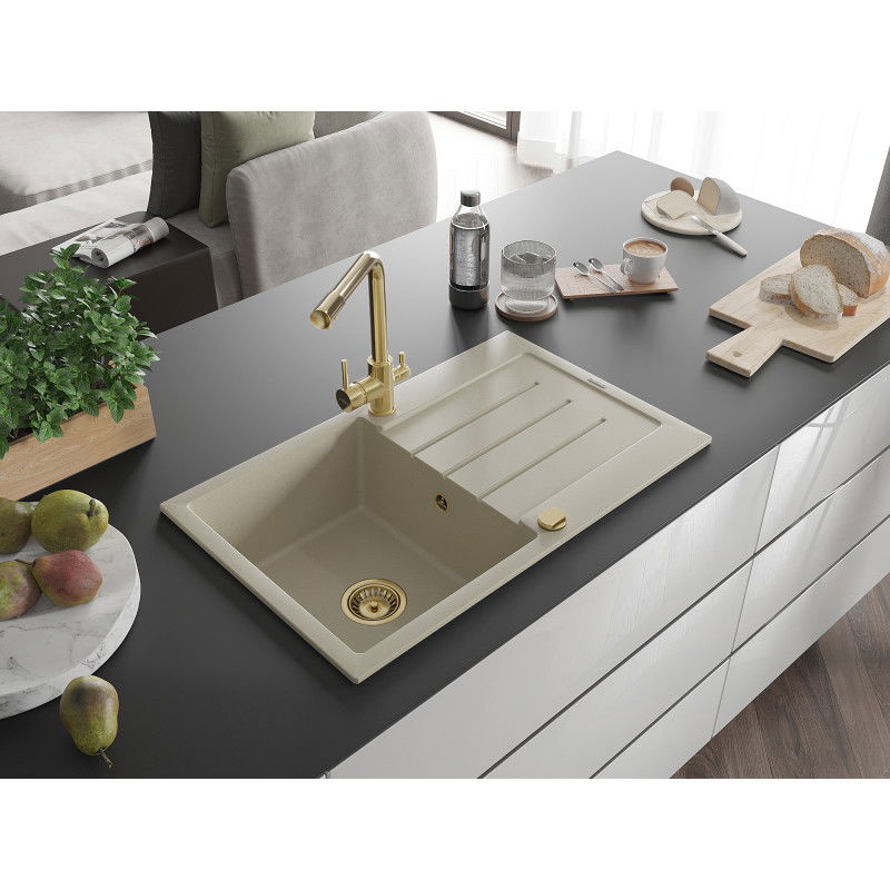 Mexen Bruno granite sink 1-bowl with drainer and Duero kitchen tap, beige - 6513-69-671600-50