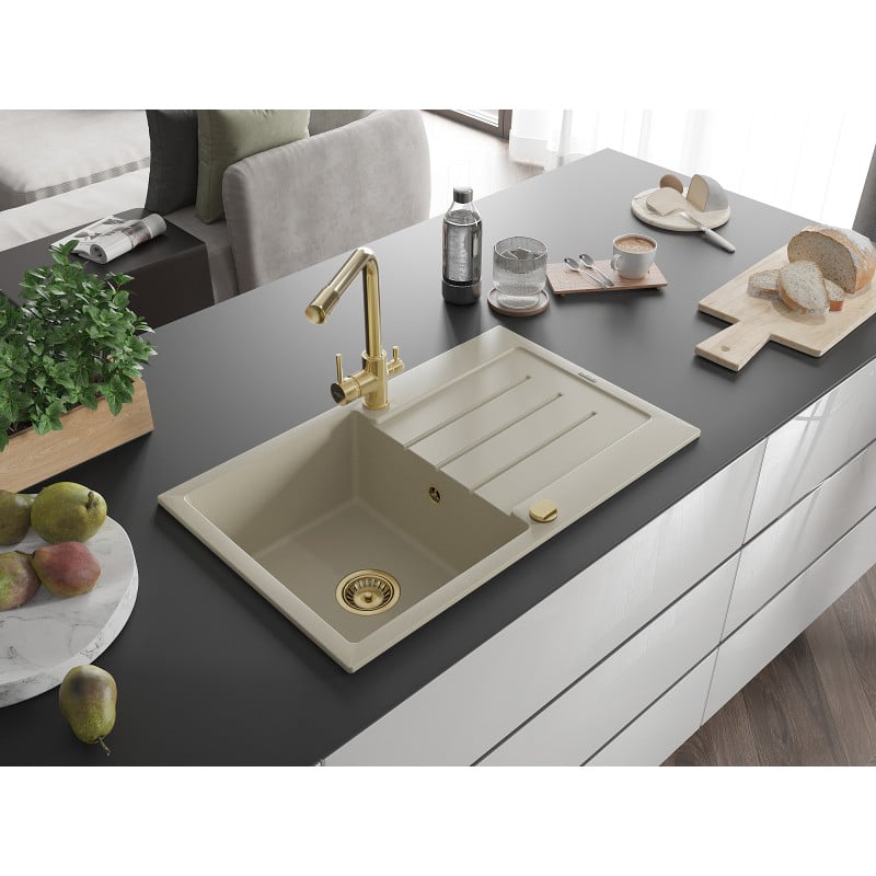 Mexen Bruno lavello da cucina in granito 1-vasca con scolapiatti e rubinetto Duero, beige - 6513-69-671600-50