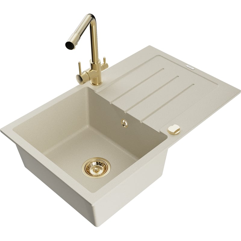 Mexen Bruno 1-bowl granite sink with drainer and Duero kitchen faucet, beige - 6513-69-671600-50