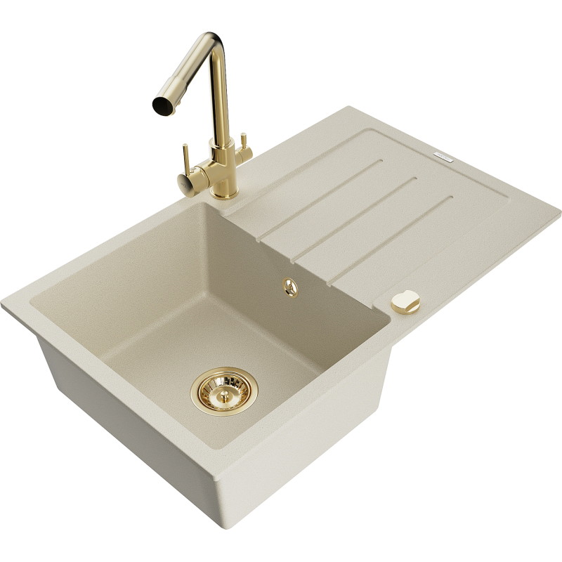 Mexen Bruno granit gootsteen met 1 bak, afdruiprek en keukenmengkraan Duero, beige - 6513-69-671600-50