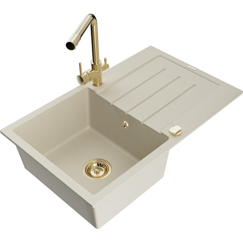 Mexen Bruno lavello da cucina in granito 1-vasca con scolapiatti e rubinetto Duero, beige - 6513-69-671600-50