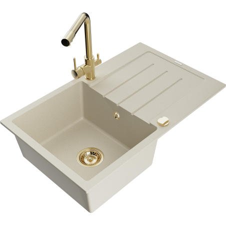 Mexen Bruno 1-bowl granite sink with drainer and Duero kitchen faucet, beige - 6513-69-671600-50