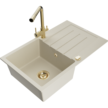 Mexen Bruno Granitspüle, ein Becken mit Abtropffläche und Küchenarmatur Duero, beige - 6513-69-671600-50