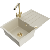 Mexen Bruno 1-bowl granite sink with drainer and Duero kitchen faucet, beige - 6513-69-671600-50