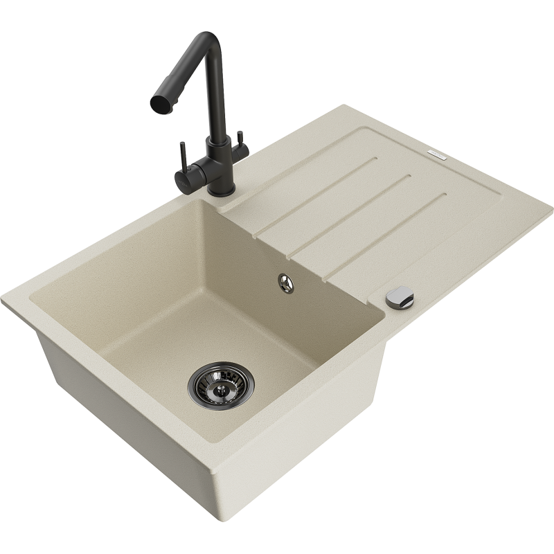 Mexen Bruno fregadero de granito de 1 cubeta con escurridor y grifo de cocina Duero, beige - 6513-69-671600-70