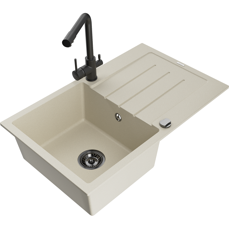 Mexen Bruno lavello in granito a 1 vasca con scolapiatti e rubinetto da cucina Duero, beige - 6513-69-671600-70
