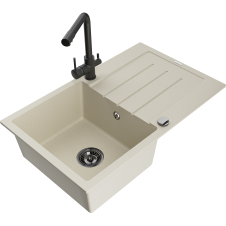 Mexen Bruno évier en granit 1 bac avec égouttoir et robinet de cuisine Duero, beige - 6513-69-671600-70
