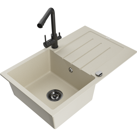 Mexen Bruno lavello in granito a 1 vasca con scolapiatti e rubinetto da cucina Duero, beige - 6513-69-671600-70