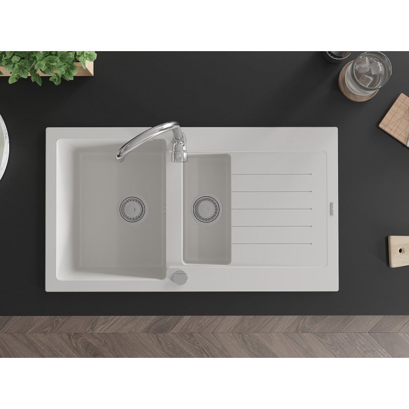 Mexen Matias évier en granit 1,5 bac avec égouttoir et robinet de cuisine Telma, blanc - 6502-20-670200-00