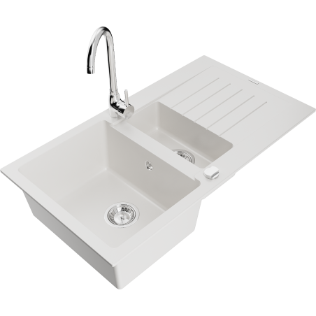 Mexen Matias fregadero de granito de 1,5 senos con escurridor y grifo de cocina Telma, blanco - 6502-20-670200-00