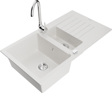 Mexen Matias fregadero de granito de 1,5 senos con escurridor y grifo de cocina Telma, blanco - 6502-20-670200-00