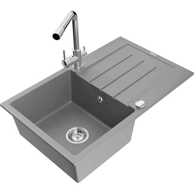 Mexen Bruno 1-bowl granite sink with drainer and Duero kitchen tap, grey - 6513-71-671600-00