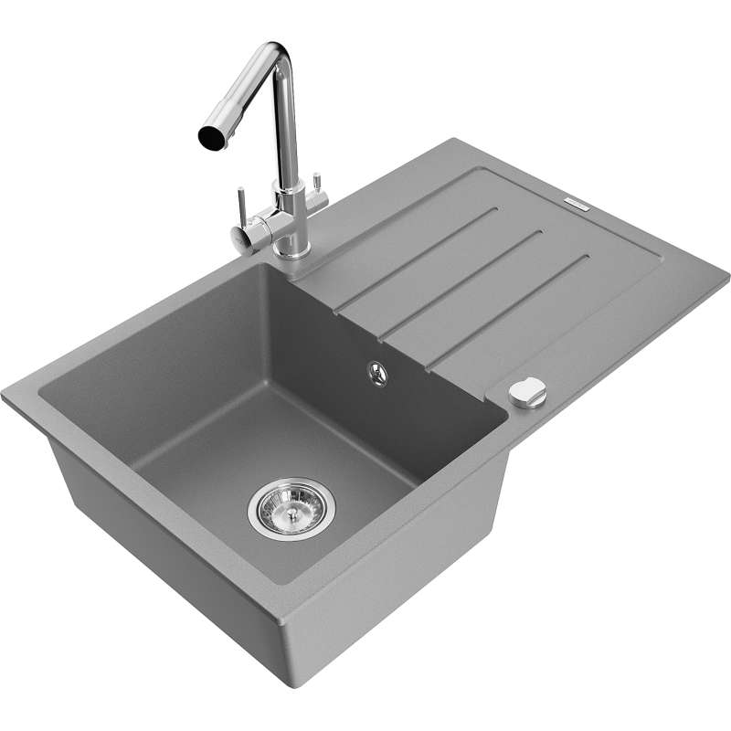 Mexen Bruno fregadero de granito de 1 seno con escurridor y grifo de cocina Duero, gris - 6513-71-671600-00