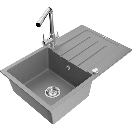 Mexen Bruno 1-bowl granite sink with drainer and Duero kitchen tap, grey - 6513-71-671600-00