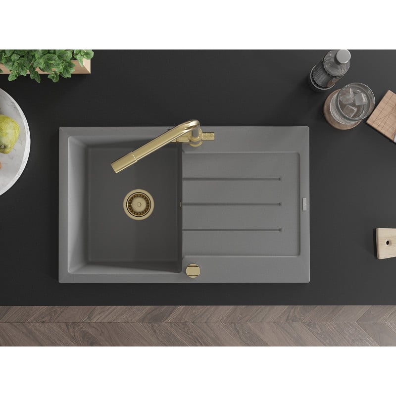 Mexen Bruno fregadero de granito de 1 cubeta con escurridor y grifo de cocina Duero, gris - 6513-71-671600-50