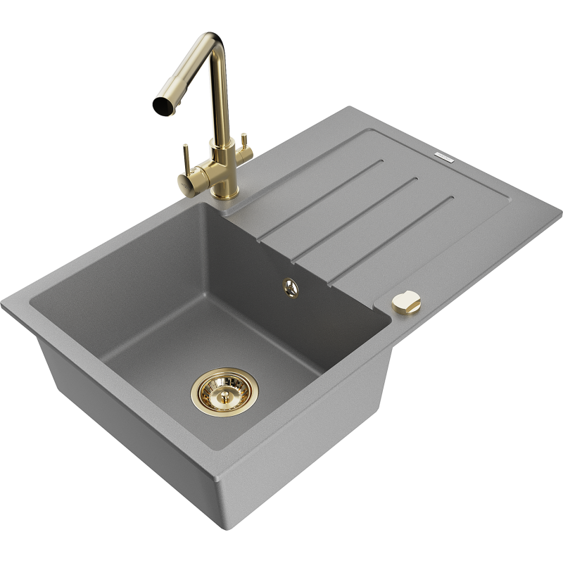 Mexen Bruno fregadero de granito de 1 cubeta con escurridor y grifo de cocina Duero, gris - 6513-71-671600-50