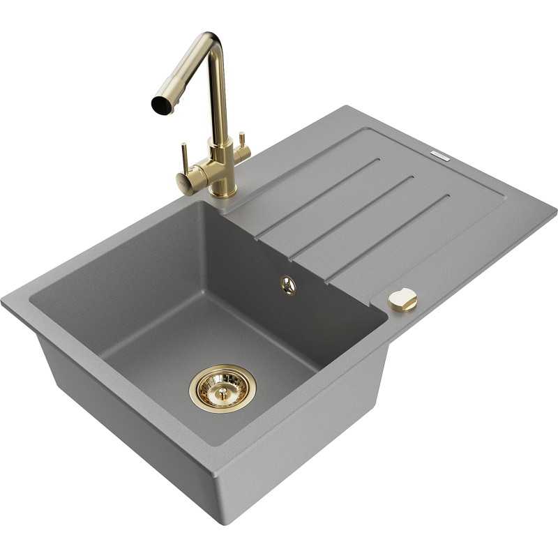 Mexen Bruno fregadero de granito de 1 seno con escurridor y grifo de cocina Duero, gris - 6513-71-671600-50