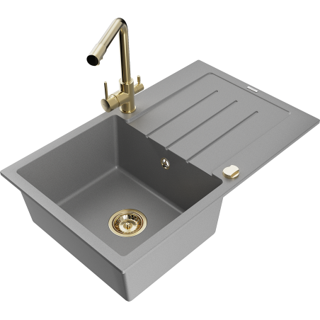 Mexen Bruno fregadero de granito de 1 cubeta con escurridor y grifo de cocina Duero, gris - 6513-71-671600-50