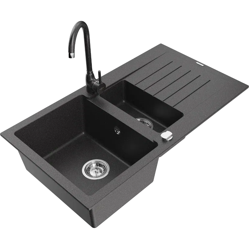 Mexen Matias évier en granit 1,5 bac avec égouttoir et robinet de cuisine Telma, noir moucheté - 6502-76-670200-76