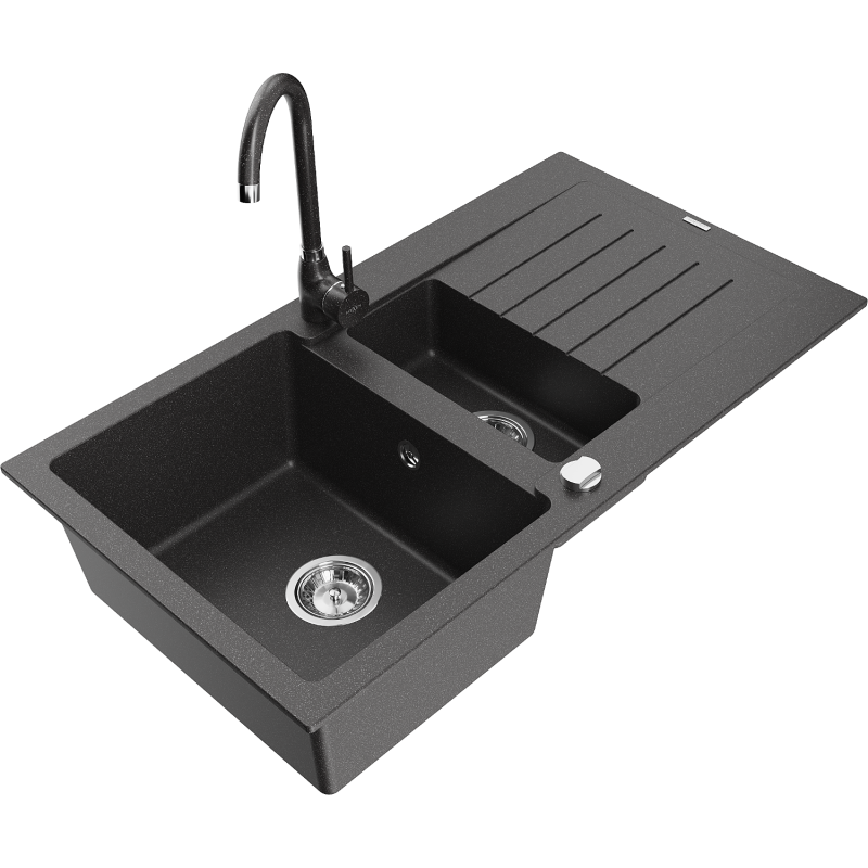 Mexen Matias fregadero de granito 1,5 cubetas con escurridor y grifo de cocina Telma, negro moteado - 6502-76-670200-76