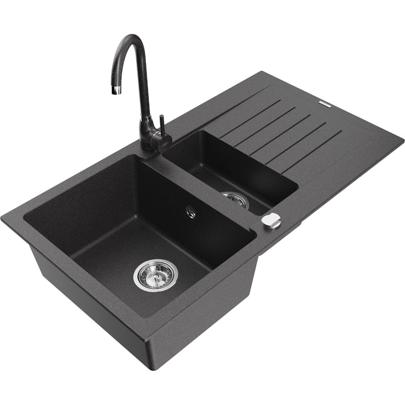 Mexen Matias granite sink 1.5-bowl with drainer and Telma kitchen faucet, black speckled - 6502-76-670200-76