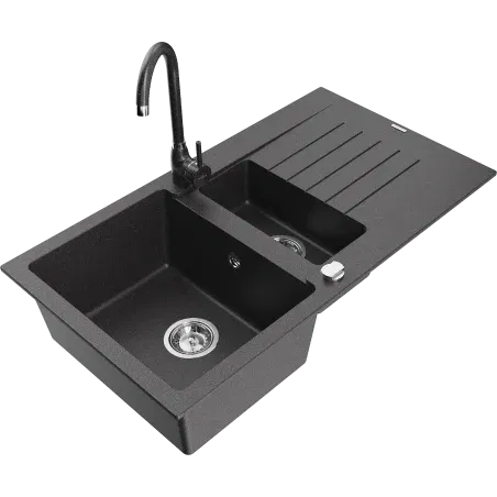 Mexen Matias évier en granit 1,5 bac avec égouttoir et robinet de cuisine Telma, noir moucheté - 6502-76-670200-76
