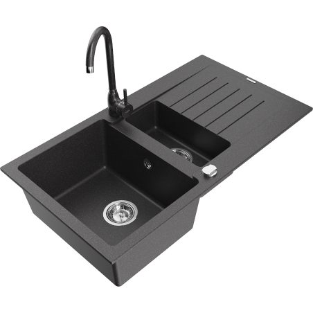 Mexen Matias fregadero de granito 1,5 cubetas con escurridor y grifo de cocina Telma, negro moteado - 6502-76-670200-76