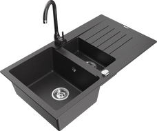 Mexen Matias granite sink 1.5-bowl with drainer and Telma kitchen faucet, black speckled - 6502-76-670200-76
