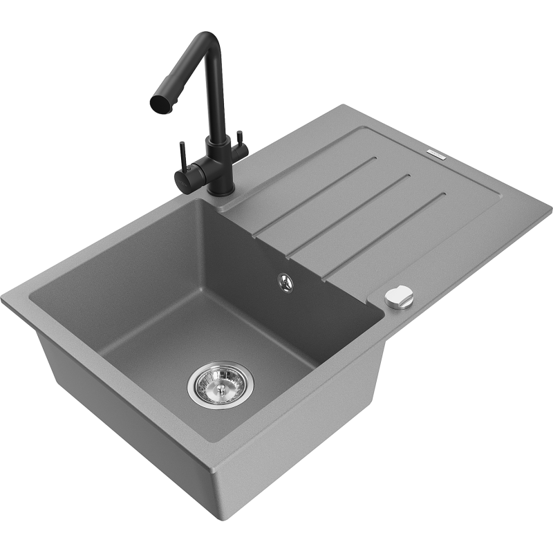 Mexen Bruno évier en granit 1 bac avec égouttoir et mitigeur de cuisine Duero, gris - 6513-71-671600-70