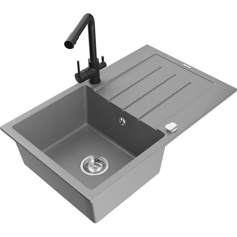Mexen Bruno fregadero de granito de 1 seno con escurridor y grifo de cocina Duero, gris - 6513-71-671600-70