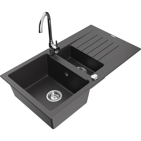 Mexen Matias fregadero de granito de 1,5 senos con escurridor y grifo de cocina Telma, negro moteado - 6502-76-670200-00