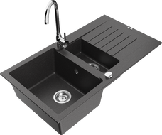 Mexen Matias fregadero de granito 1,5 tazones con escurridor y grifo de cocina Telma, negro moteado - 6502-76-670200-00