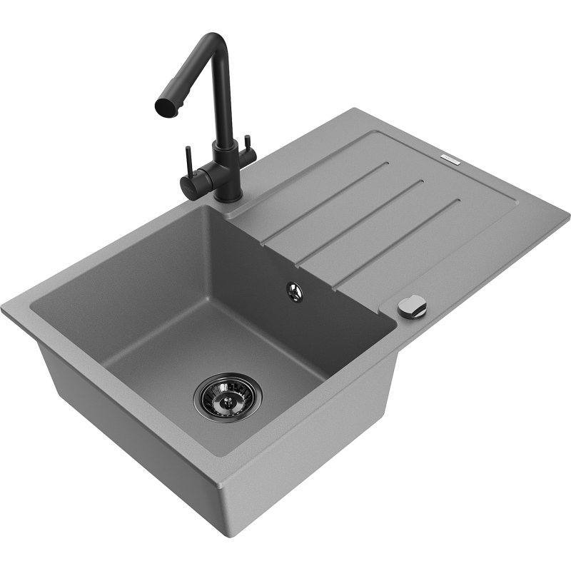 Mexen Bruno fregadero de granito de 1 cubeta con escurridor y grifo de cocina Duero, gris - 6513-71-671600-70-B