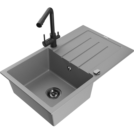 Mexen Bruno granite sink 1-bowl with drainer and Duero kitchen faucet, gray - 6513-71-671600-70-B