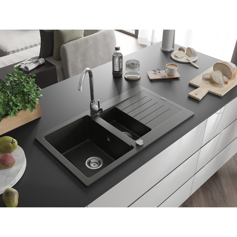 Mexen Matias lavello in granito 1,5 vasche con scolapiatti e rubinetto da cucina Telma, nero/oro - 6502-75-670200-70