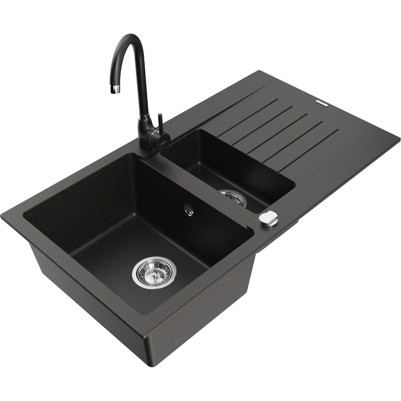 Mexen Matias fregadero de granito 1,5 cámaras con escurridor y grifo de cocina Telma, negro/dorado - 6502-75-670200-70