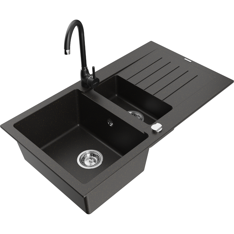 Mexen Matias granitdiskbänk 1,5-kammare med avtappning och köksblandare Telma, svart/guld - 6502-75-670200-70