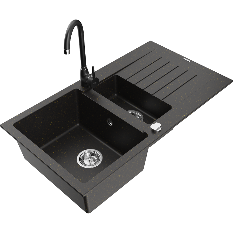Mexen Matias granite sink 1.5-bowl with drainer and Telma kitchen tap, black/gold - 6502-75-670200-70