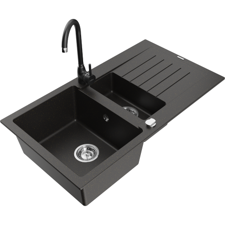 Mexen Matias fregadero de granito 1,5 cámaras con escurridor y grifo de cocina Telma, negro/dorado - 6502-75-670200-70