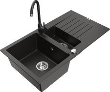 Mexen Matias fregadero de granito 1,5 cámaras con escurridor y grifo de cocina Telma, negro/dorado - 6502-75-670200-70