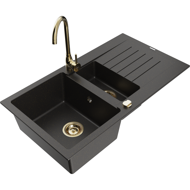 Mexen Matias fregadero de granito de 1,5 cubetas con escurridor y grifo de cocina Telma, negro/dorado - 6502-75-670200-50